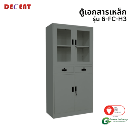 ตู้เอกสารเหล็กบานเปิด บน-กระจก ล่าง-ทึบ มีลิ้นชักกลาง DECENT รุ่น FC-H3 สีเทา_0